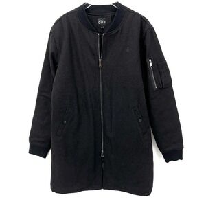 Qilo Tactical Long Bomber Jacket Size L Wool Blend Zip UP Coat Black Quilt Lined